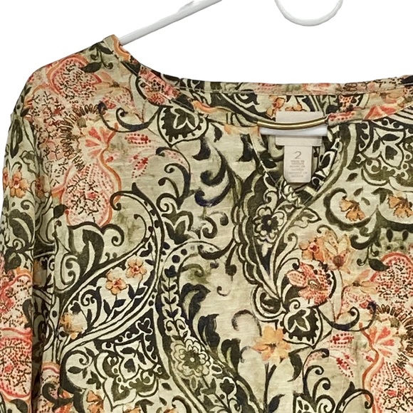 Chico’s Size 2 Regular Size 12 Long Sleeve Rayon Green/Orange Cream Top - Picture 2 of 11